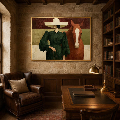 Woman Horse Painting Wide Hat Green Dress Canvas Fashion Equestrian Wall Art – Emerald and Olive Horse Animal Wall Art | Pain