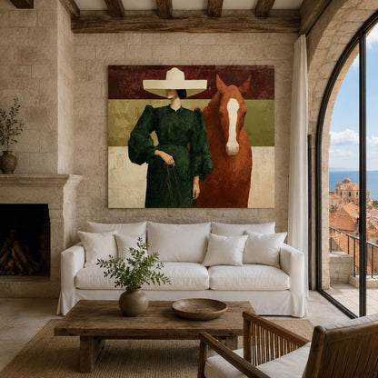 Equestrian Woman and Horse Animal Wall Art – Emerald Green Fashion Portrait Painting