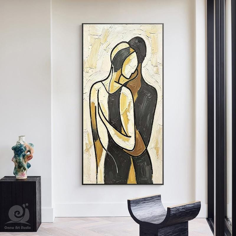 Impasto Abstract Couple Hug Painting, Neutral Tones Minimalist Line Lovers Canvas Wall Art, Textured Romantic Wall Decor For Home