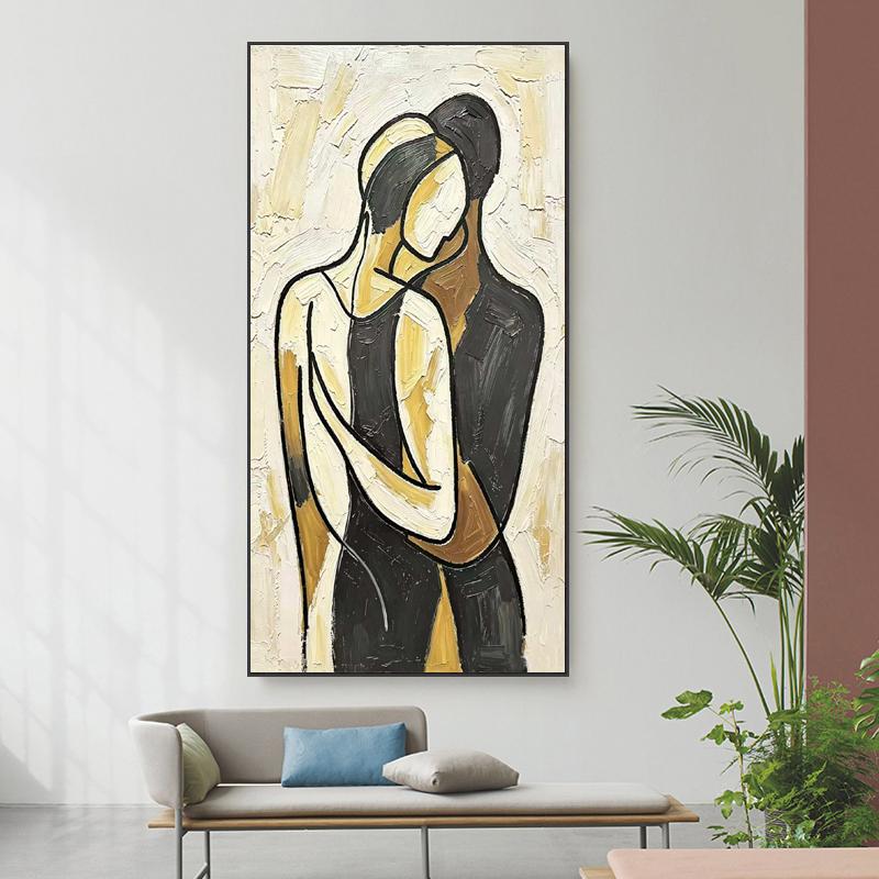 Impasto Abstract Couple Hug Painting, Neutral Tones Minimalist Line Lovers Canvas Wall Art, Textured Romantic Wall Decor For Home