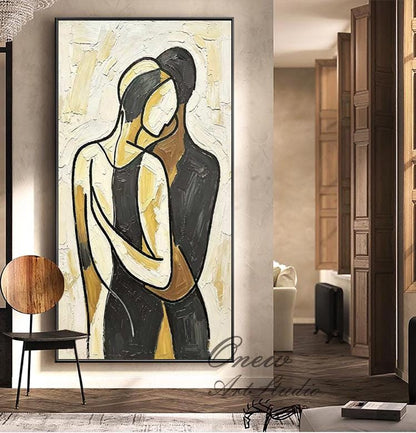 Impasto Abstract Couple Hug Painting, Neutral Tones Minimalist Line Lovers Canvas Wall Art, Textured Romantic Wall Decor For Home