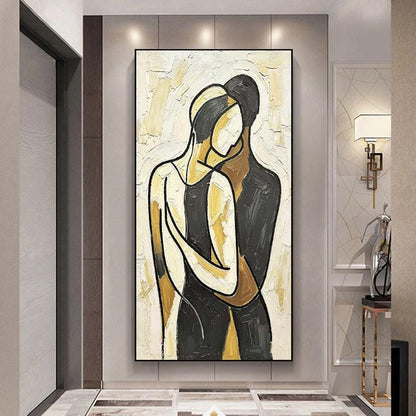 Impasto Abstract Couple Hug Painting, Neutral Tones Minimalist Line Lovers Canvas Wall Art, Textured Romantic Wall Decor For Home