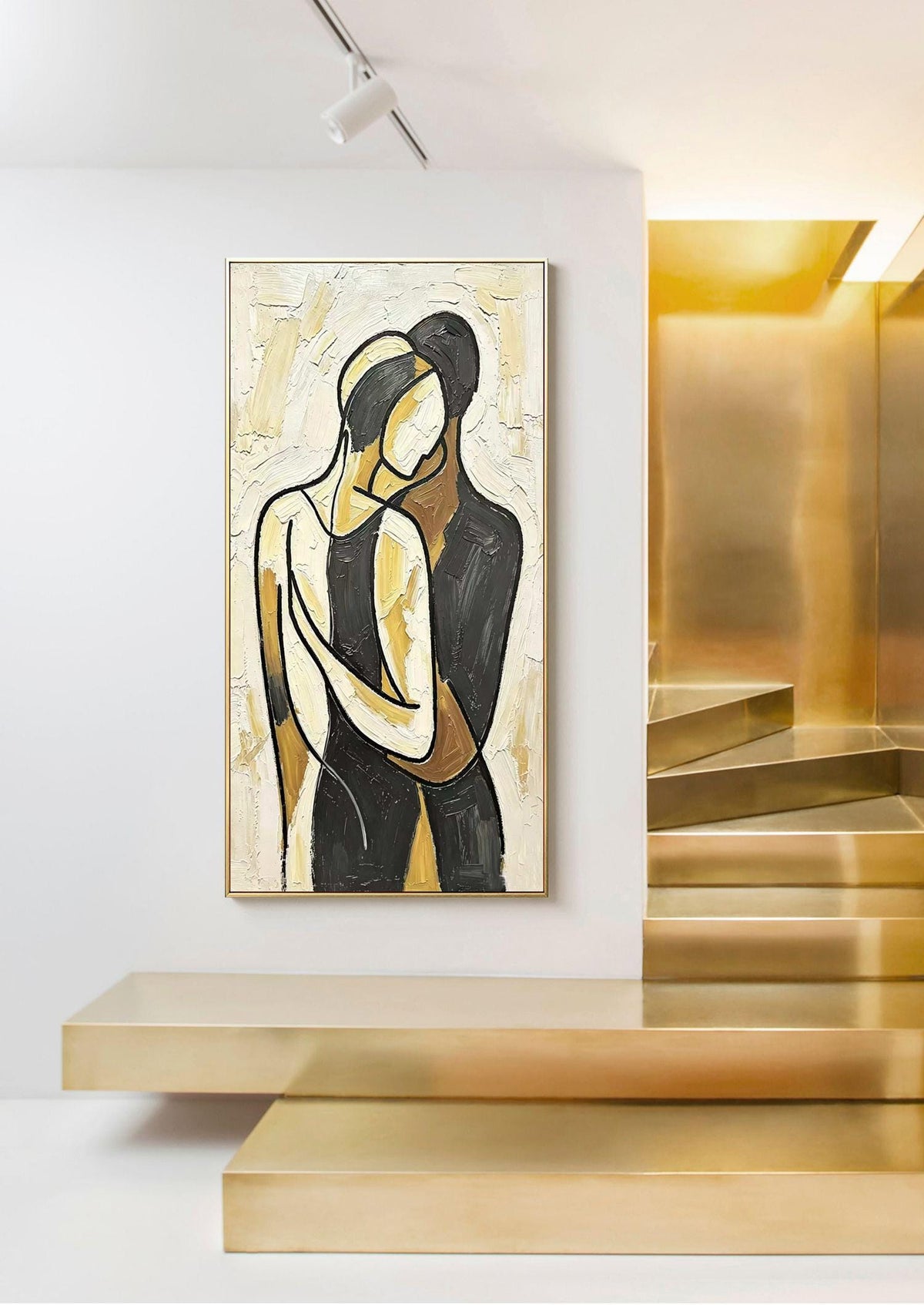Impasto Abstract Couple Hug Painting, Neutral Tones Minimalist Line Lovers Canvas Wall Art, Textured Romantic Wall Decor For Home