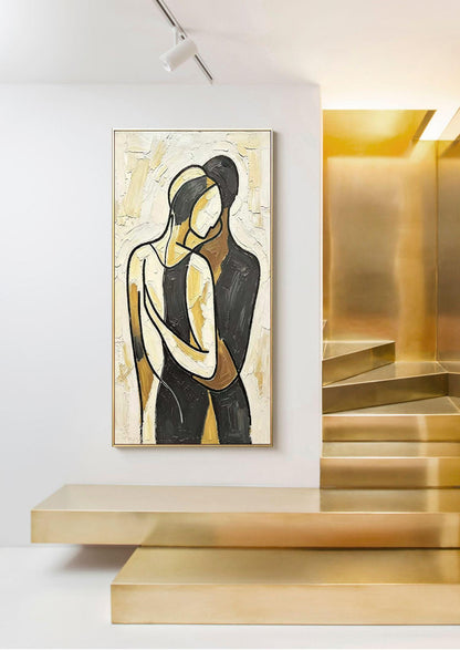 Impasto Abstract Couple Hug Painting, Neutral Tones Minimalist Line Lovers Canvas Wall Art, Textured Romantic Wall Decor For Home