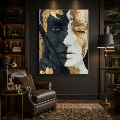 Gold and Black Minimalist Palette Knife Couple Figure Portrait Wall Art