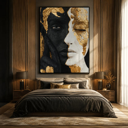 Abstract Face Painting Black White Gold Portrait Canvas Textured Modern Figurative Art Contemporary Couple Wall Decor Luxury 