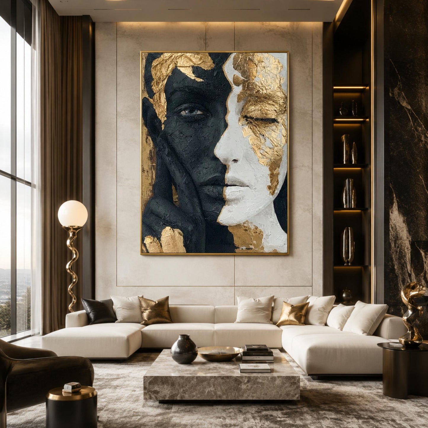 Gold and Black Minimalist Palette Knife Couple Figure Portrait Wall Art
