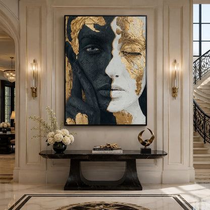 Abstract Face Painting Black White Gold Portrait Canvas Textured Modern Figurative Art Contemporary Couple Wall Decor Luxury 
