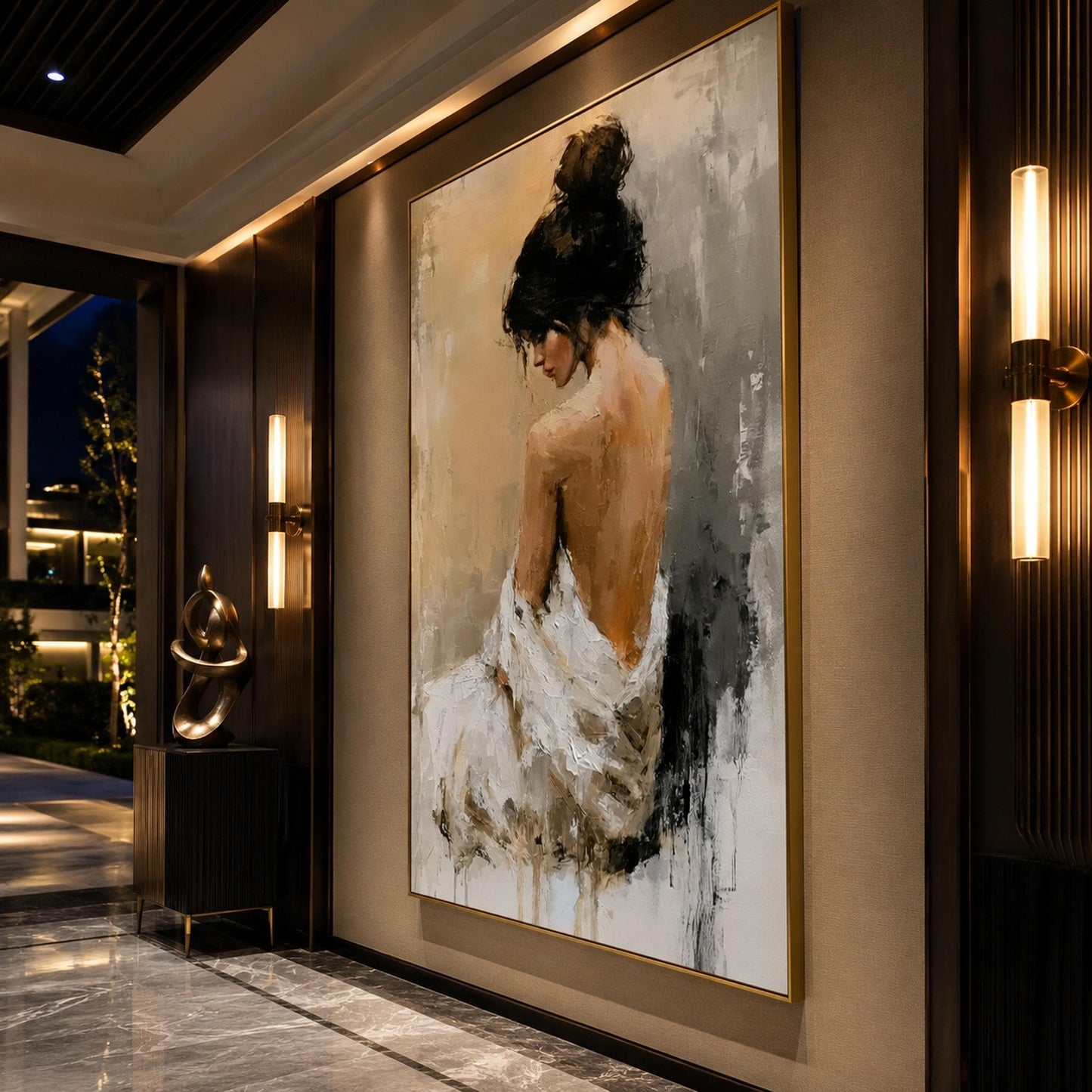 Impressionist Woman Painting Nude Back Figure Canvas Textured Oil Painting Elegant Female Portrait Romantic Bedroom Art Neutr