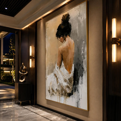 Impressionist Woman Painting Nude Back Figure Canvas Textured Oil Painting Elegant Female Portrait Romantic Bedroom Art Neutr