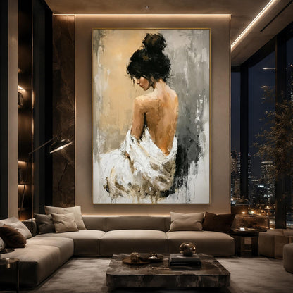 Impressionist Woman Painting Nude Back Figure Canvas Textured Oil Painting Elegant Female Portrait Romantic Bedroom Art Neutr