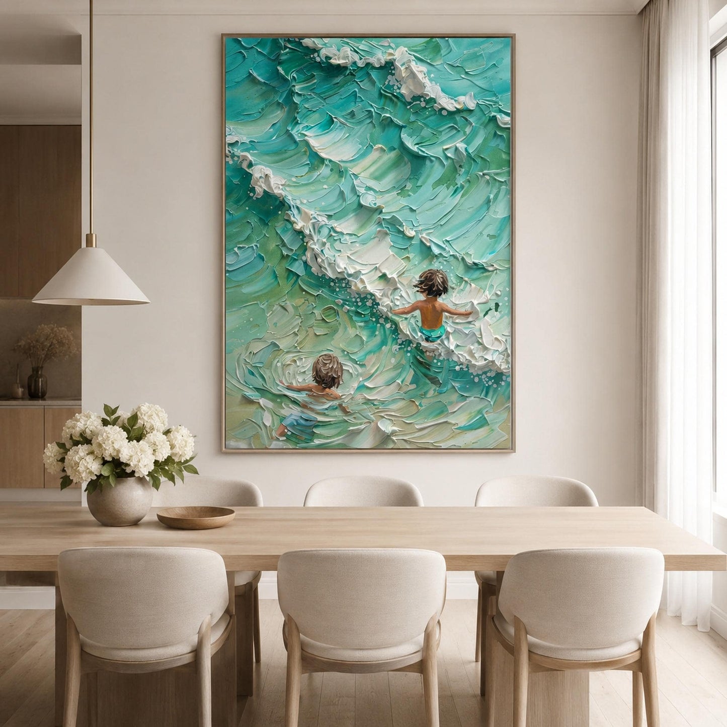 Turquoise and Green Impressionist Impasto Ocean Wave Seascape Wall Art – Children