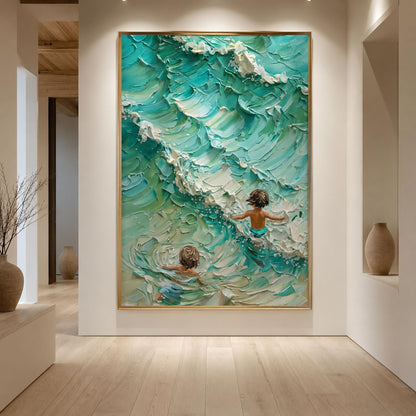 Turquoise and Green Impressionist Impasto Ocean Wave Seascape Wall Art – Children