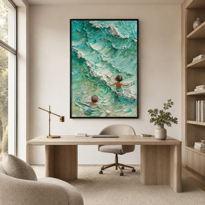 Children – Turquoise and Green Ocean Wave Seascape Wall Art | Impasto Oil Painting, view 1