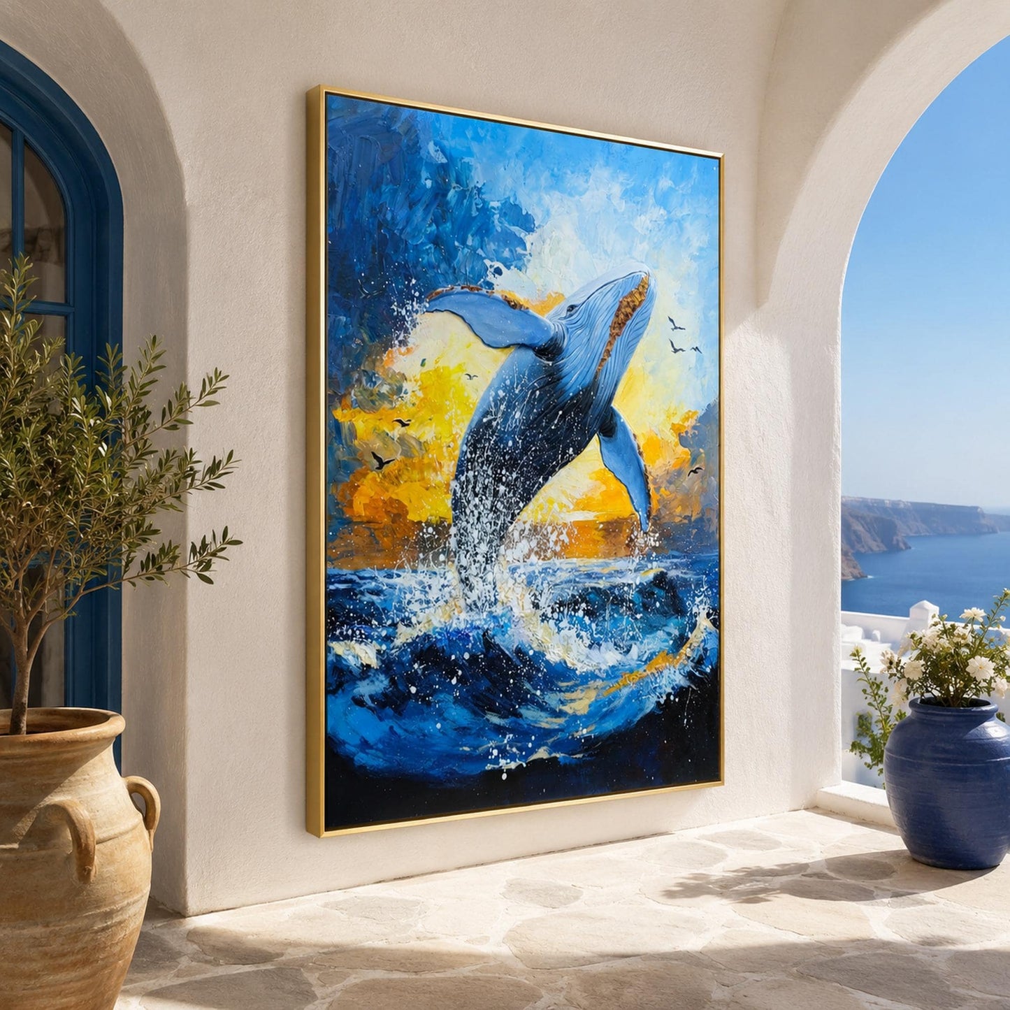 Whale Jumping – Gold Whale Ocean Wall Art | Impasto Painting, view 2