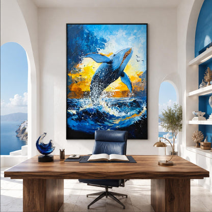 Whale Jumping – Gold Whale Ocean Wall Art | Impasto Painting, view 1