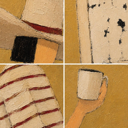 May include: A four-panel oil painting with a thick, textured impasto finish. The composition features abstract geometric shapes in mustard yellow, white, and black, a striped pattern, and a hand holding a white mug against a golden background.