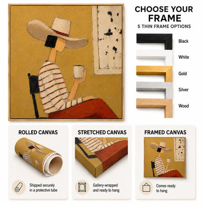 May include: A square canvas print featuring a stylized painting of a person in a wide-brimmed hat and striped shirt holding a cup. The image includes text options for five thin frame colors: black, white, gold, silver, and wood, plus rolled, stretched, and framed canvas display choices.