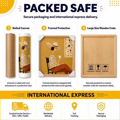 May include: An infographic titled PACKED SAFE showing three shipping methods: a rolled canvas in a tube, a framed painting of a person in a hat with corner guards, and a large wooden crate with fragile, this side up, and keep dry icons.