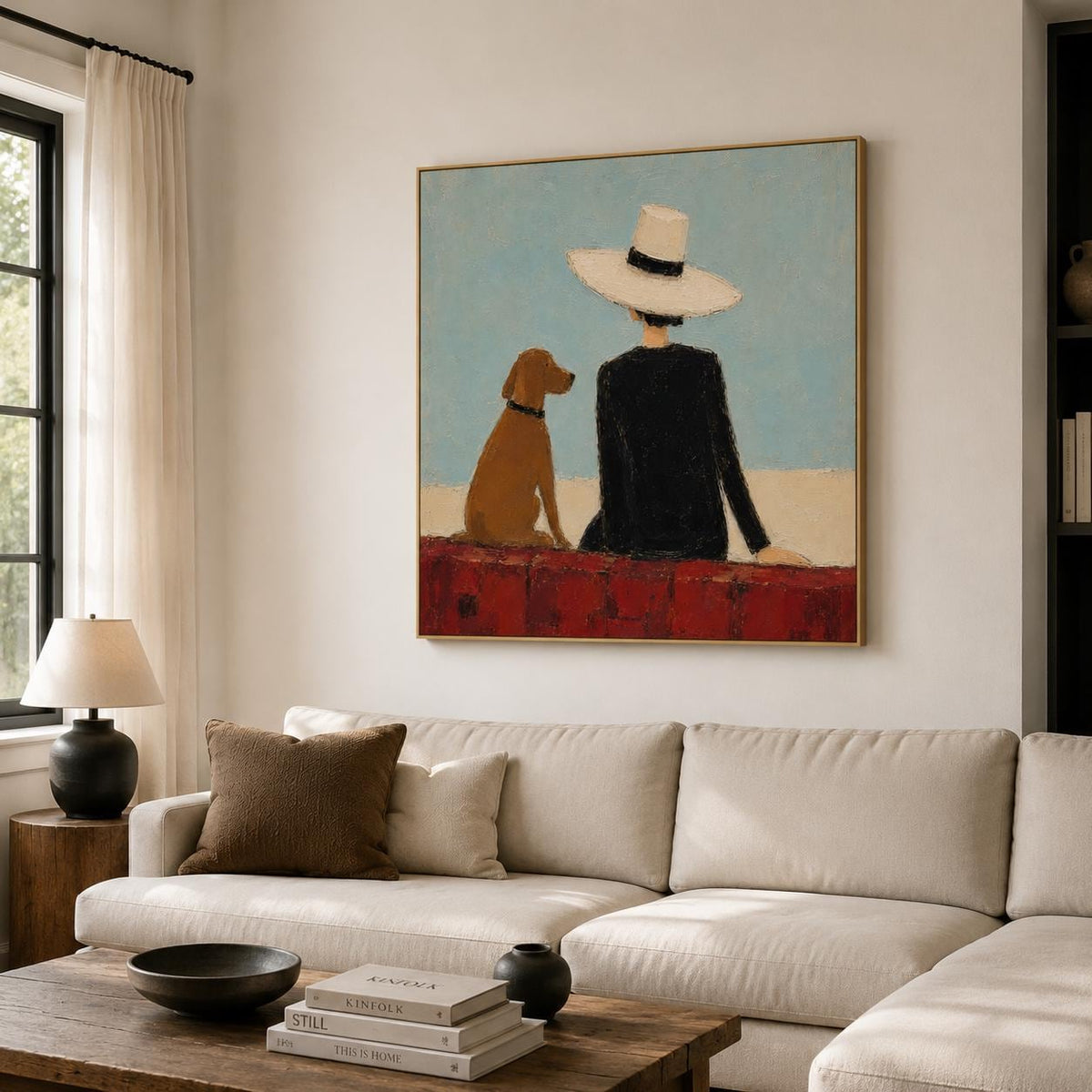 Cowboy Dog Wall Art Blue Western Figurative Canvas Painting for Modern Living Room Decor