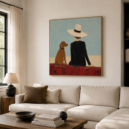 Cowboy Dog Wall Art Blue Western Figurative Canvas Painting for Modern Living Room Decor