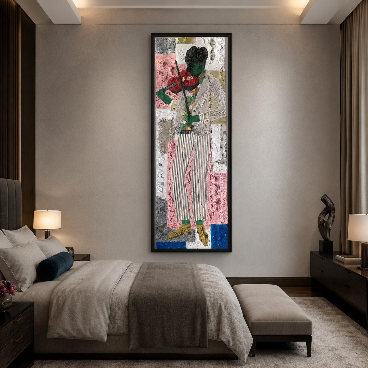 Abstract Violinist Original Oil Painting, Textured Music Wall Art – Blue and Red Abstract Wall Art | Impasto Oil Painting, vi