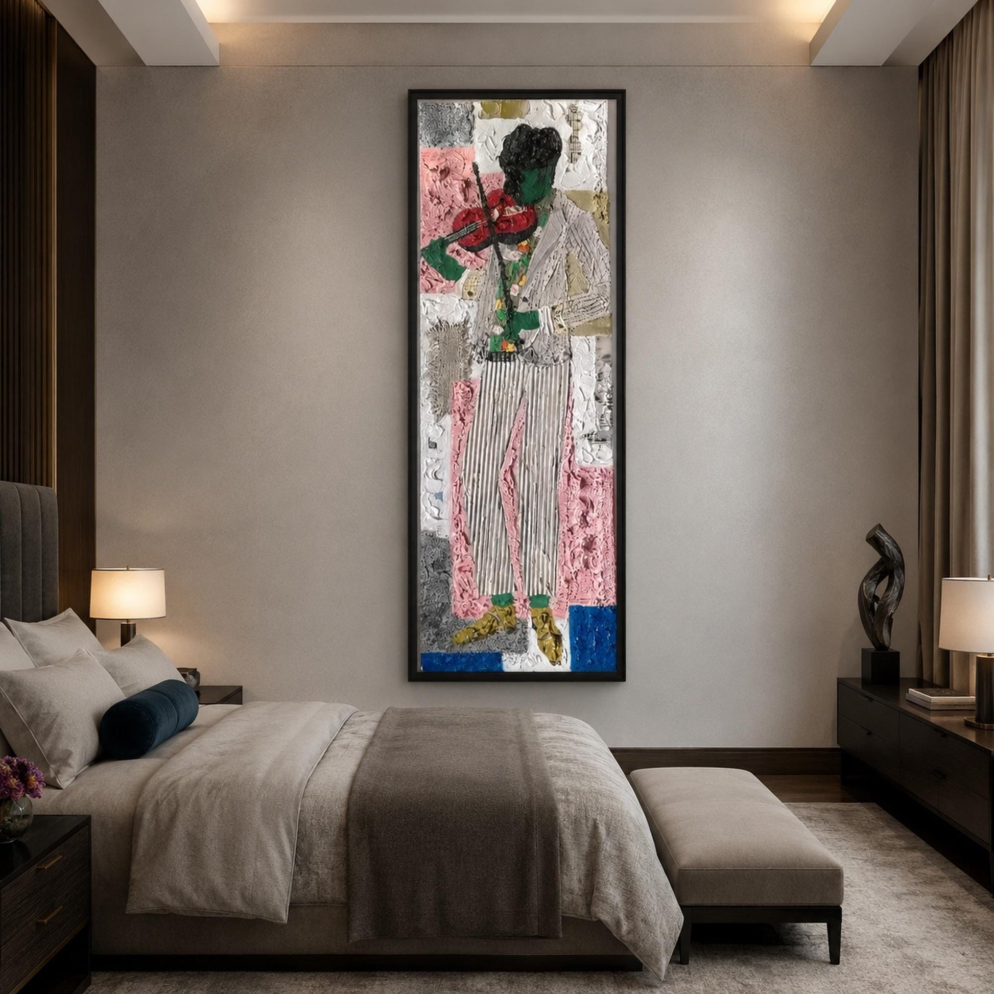 Abstract Violinist Original Oil Painting, Textured Music Wall Art – Blue and Red Abstract Wall Art | Impasto Oil Painting, vi