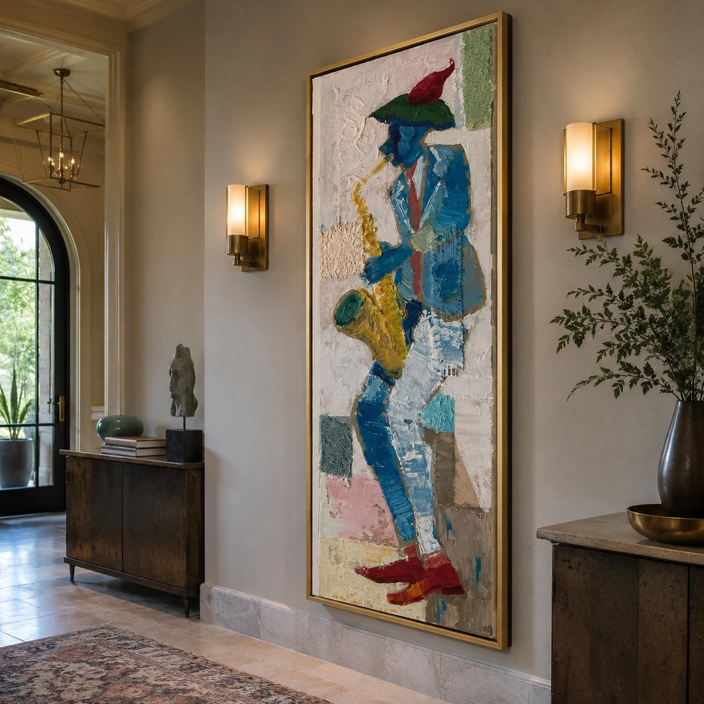 Abstract Saxophone Player Original Oil Painting, Textured Jazz Wall Art – Blue and Gold Abstract Wall Art | Impasto Oil Paint