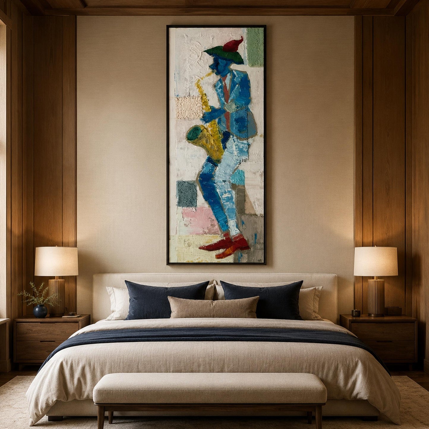 Abstract Saxophone Player Original Oil Painting, Textured Jazz Wall Art – Blue and Gold Abstract Wall Art | Impasto Oil Paint