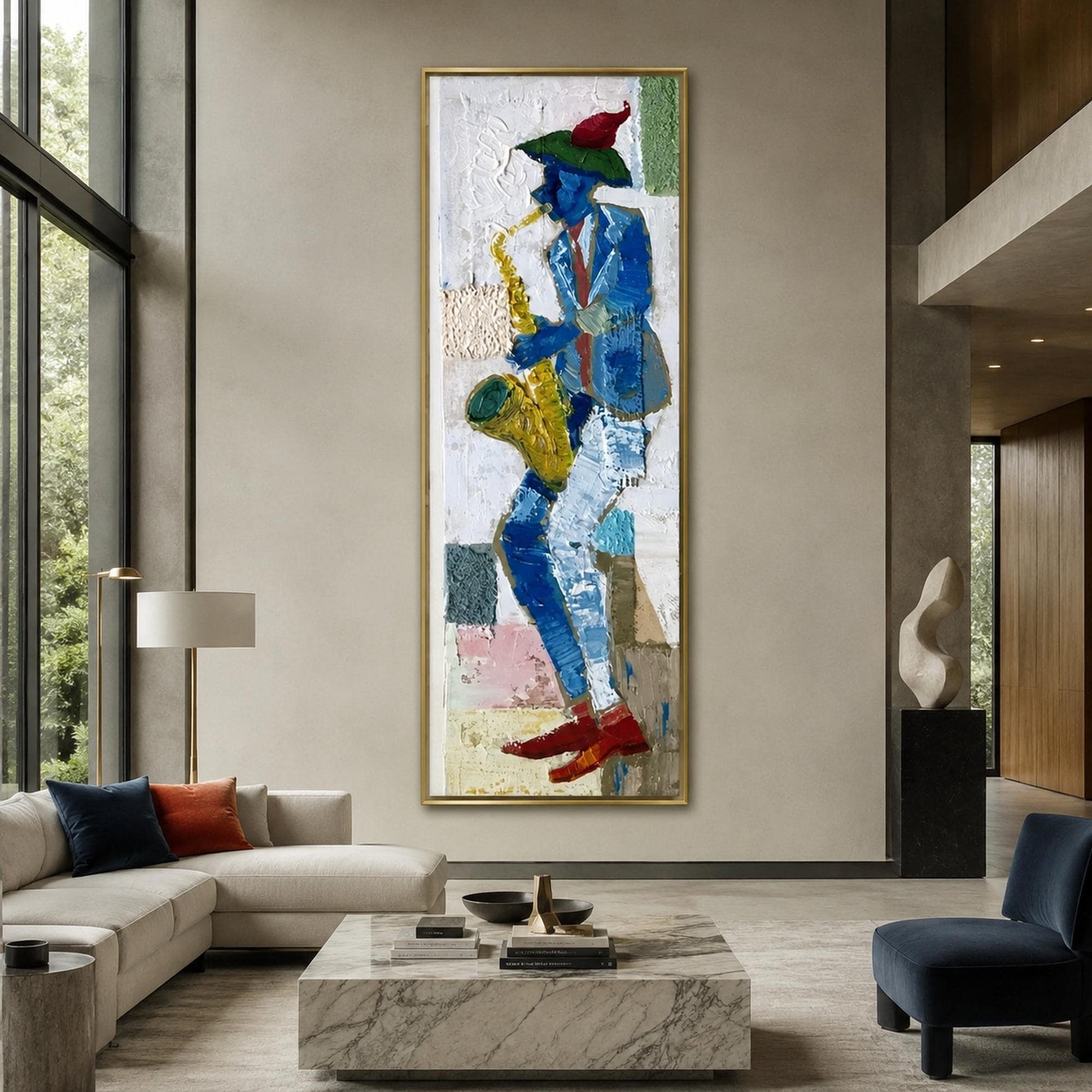 Abstract Saxophone Player Original Oil Painting, Textured Jazz Wall Art – Blue and Gold Abstract Wall Art | Impasto Oil Paint