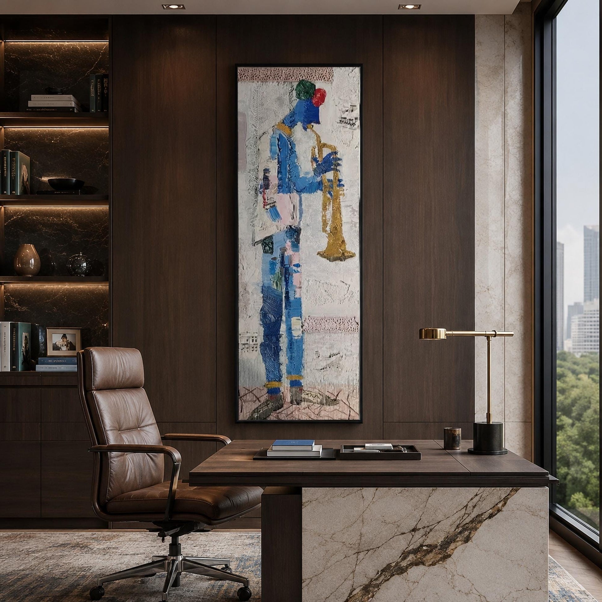 Abstract Trumpeter Original Oil Painting, Textured Blue Jazz Wall Art – Blue and Gold Abstract Wall Art | Impasto Oil Paintin