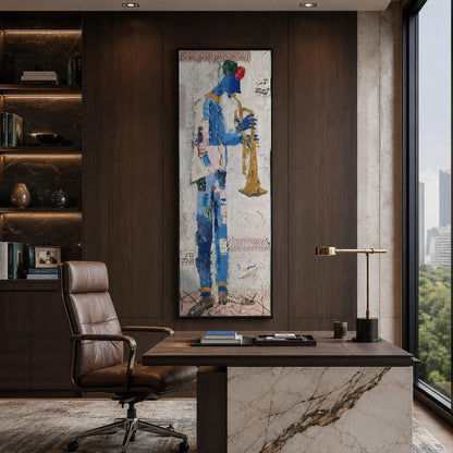 Abstract Trumpeter Original Oil Painting, Textured Blue Jazz Wall Art – Blue and Gold Abstract Wall Art | Impasto Oil Paintin
