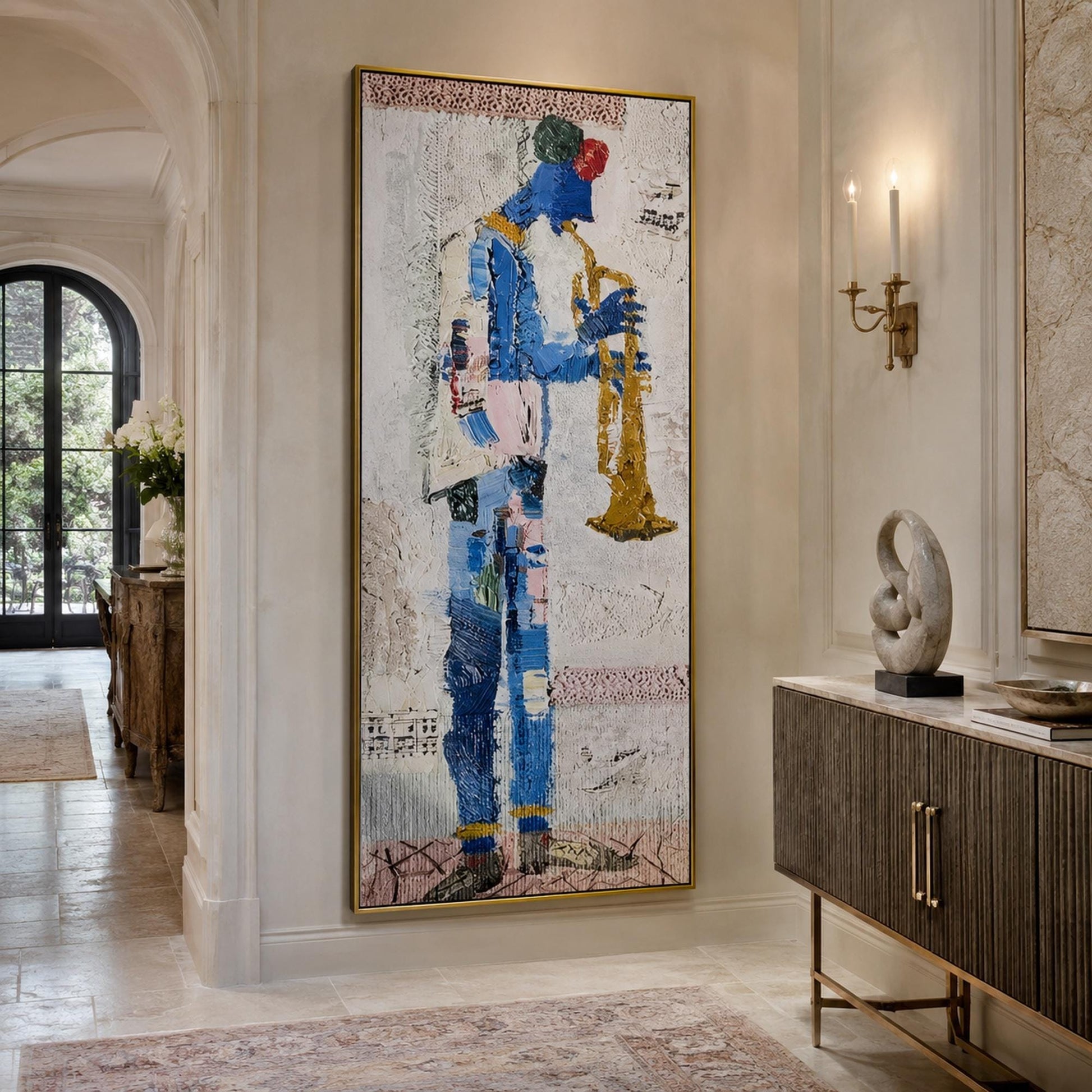 Abstract Trumpeter Original Oil Painting, Textured Blue Jazz Wall Art – Blue and Gold Abstract Wall Art | Impasto Oil Paintin