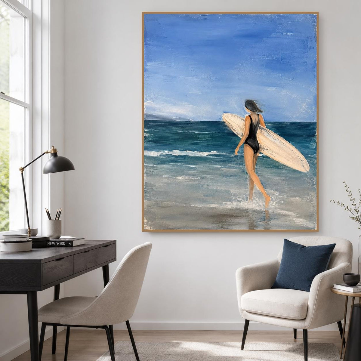 May include: An oil painting on canvas depicting a person in a black swimsuit walking into the ocean while carrying a light-colored surfboard. The scene features a vibrant blue sky, deep blue sea waves, and a sandy shoreline rendered in textured brushstrokes.