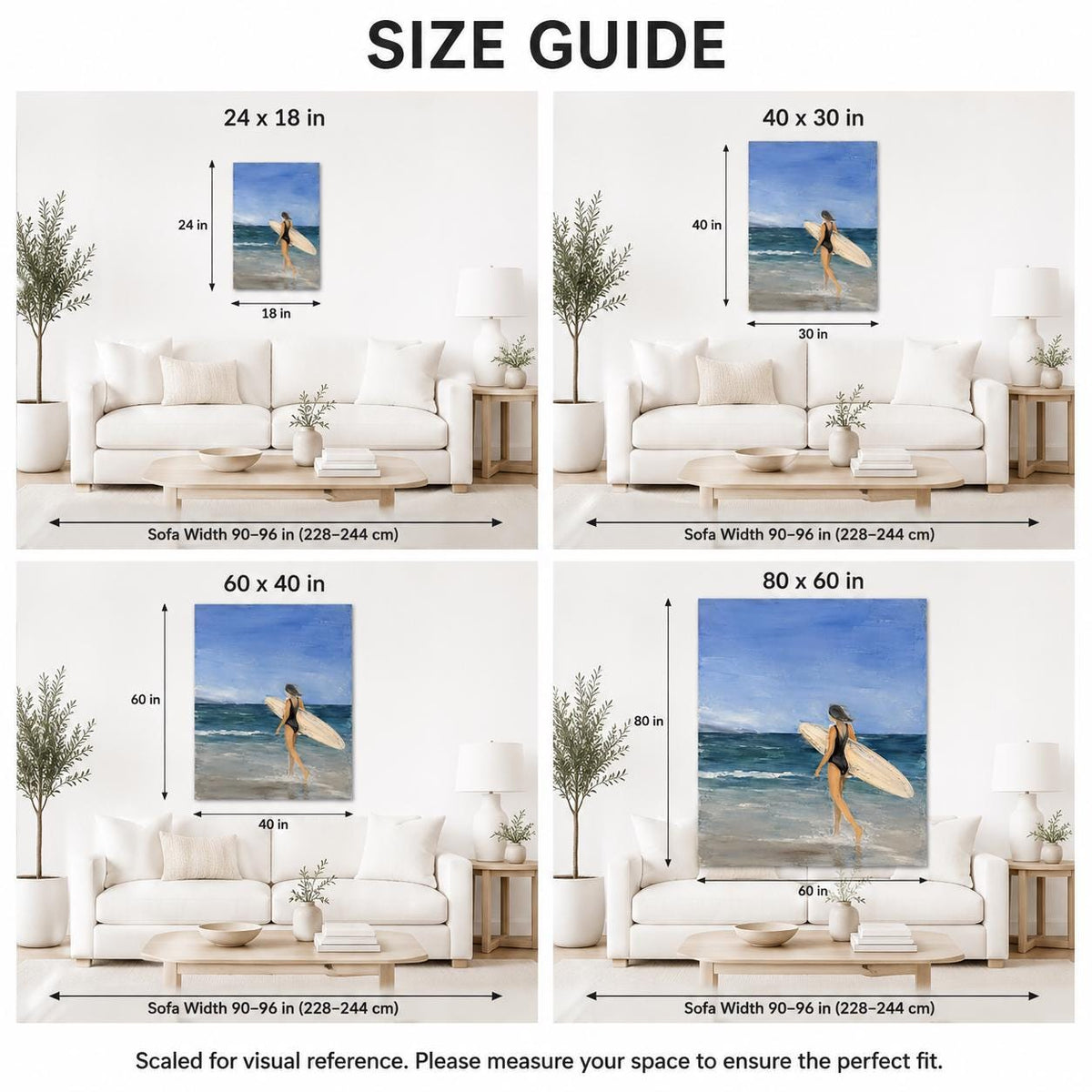 May include: A size guide for wall art featuring four panels showing a painting of a person with a surfboard on a beach, displayed above a white sofa. Dimensions include 24x18 in, 40x30 in, 60x40 in, and 80x60 in. Sofa width is 90-96 in.