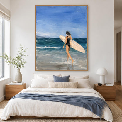 May include: A vertical oil painting on canvas depicting a person in a black swimsuit walking into the ocean while carrying a light-colored surfboard. The scene features a blue sky, deep blue sea waves, and a sandy beach rendered in textured brushstrokes.