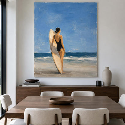 Surfboard Girl Wall Art Blue Coastal Figurative Canvas Painting for Bathroom Decor