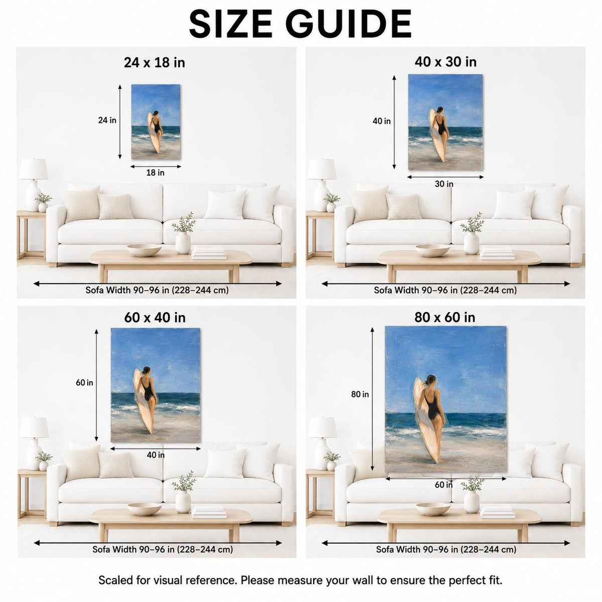 Surfboard Girl Wall Art Blue Coastal Figurative Canvas Painting for Bathroom Decor