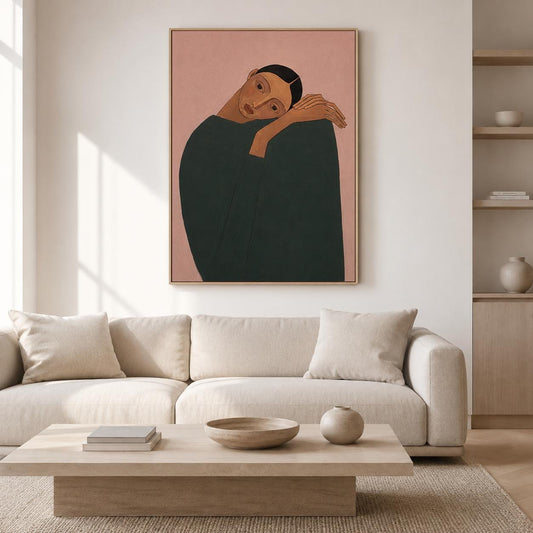 Resting Woman Wall Art Pink Figurative Portrait Canvas Painting for Modern Living Room Decor