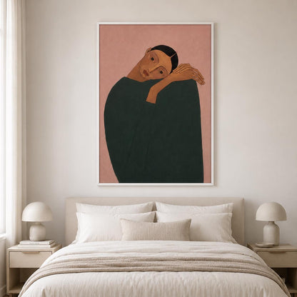 Resting Woman Wall Art Pink Figurative Portrait Canvas Painting for Modern Living Room Decor