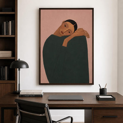Resting Woman Wall Art Pink Figurative Portrait Canvas Painting for Modern Living Room Decor