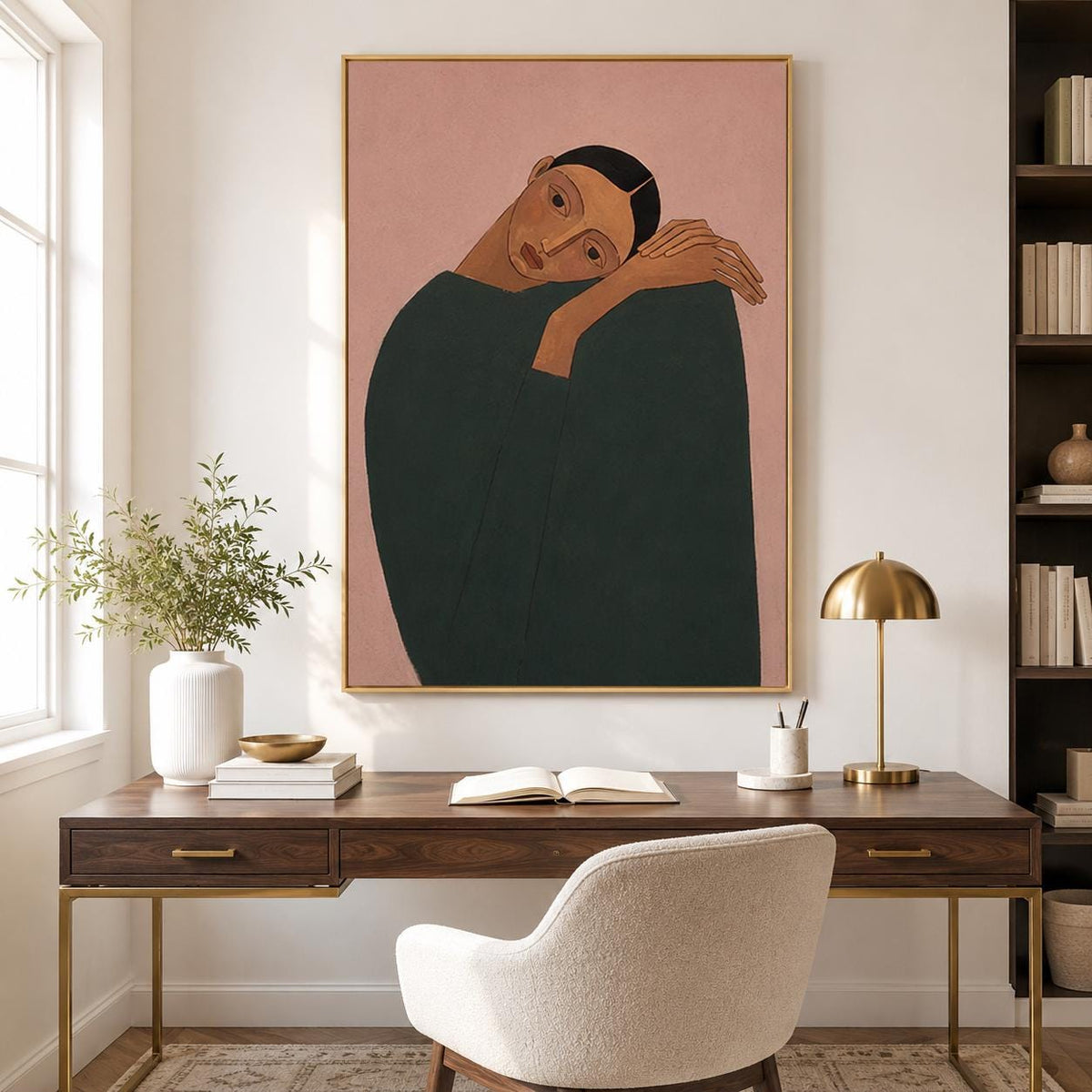 Resting Woman Wall Art Pink Figurative Portrait Canvas Painting for Modern Living Room Decor