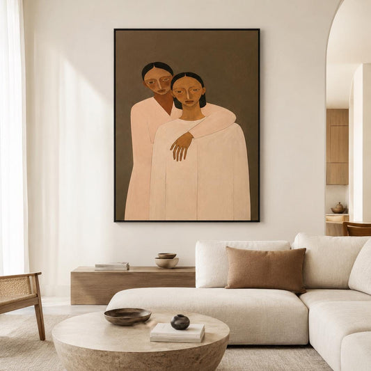 Two Women Portrait Wall Art Brown Figurative Canvas Painting for Modern Living Room Decor