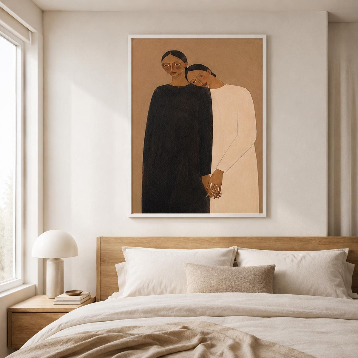Intimate Women Portrait Wall Art Brown Neutral Figurative Canvas Painting for Modern Bedroom Decor