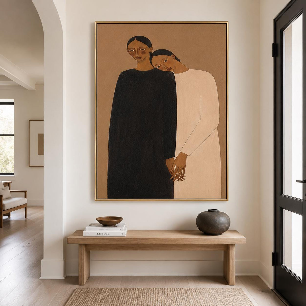 Intimate Women Portrait Wall Art Brown Neutral Figurative Canvas Painting for Modern Bedroom Decor