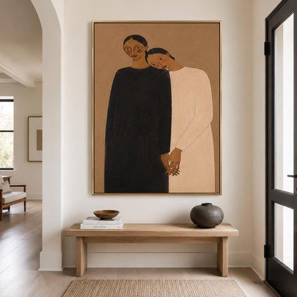 Intimate Women Portrait Wall Art Brown Neutral Figurative Canvas Painting for Modern Bedroom Decor