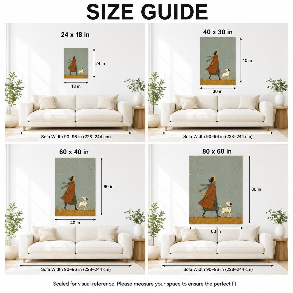 May include: A size guide for wall art featuring an illustration of a person in a brown coat walking a white dog. The guide displays four canvas sizes: 24x18, 40x30, 60x40, and 80x60 inches, shown hanging above a white sofa for scale reference.