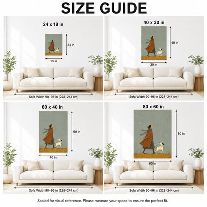 May include: A size guide for wall art featuring an illustration of a person in a brown coat walking a white dog. The guide displays four canvas sizes: 24x18, 40x30, 60x40, and 80x60 inches, shown hanging above a white sofa for scale reference.