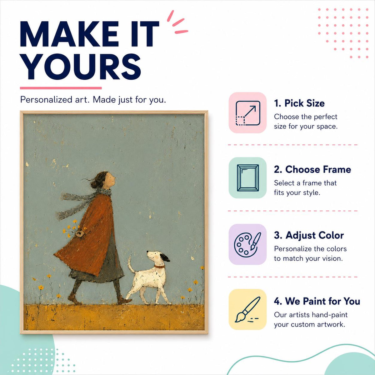 May include: A framed painting of a person in a long orange coat walking with a white dog in a field of yellow flowers. The text reads MAKE IT YOURS, Personalized art. Made just for you, 1. Pick Size, 2. Choose Frame, 3. Adjust Color, 4. We Paint for You.