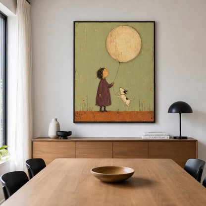 May include: A framed wall art print featuring a stylized illustration of a person in a dark purple coat holding a string attached to a large, round, beige balloon, with a small white and black dog jumping toward it on a sage green background.